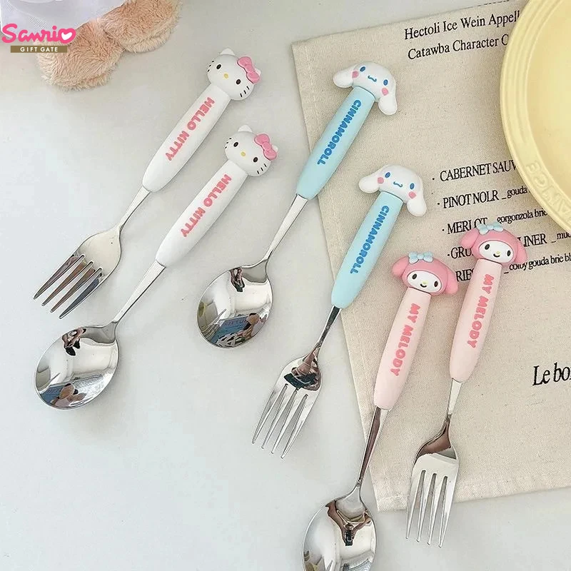 

2pcs Sanrio Cinnamoroll Hello Kitty Kuromi Cartoon Baby Tableware Set Children's Spoon Fork Utensils Feeding Tableware Set