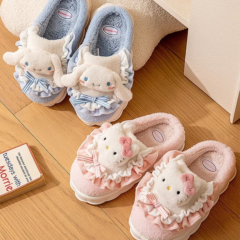 Kawaii Sanrio Hello Kitty Fuzzy Slipper Cinnamoroll Kuromi My Melody Women Winter Plush Non Slip Slippers Cute Home Flat Shoes