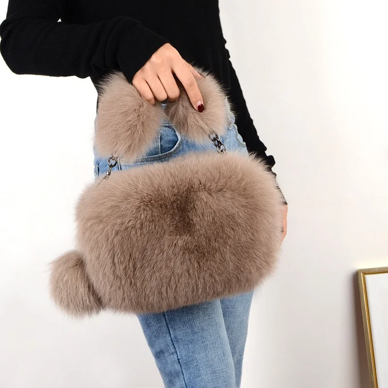 Temperament Women\'s Winter Fur Tote Luxury Fox Fur Fashion Small Square Bag Large Capacity Plush Shoulder Bag