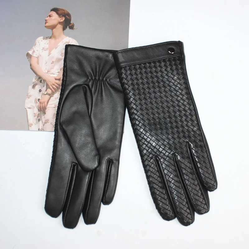 New Women's High end Sheepskin Gloves Touch screen Fashion Sheepskin Woven Warm Wool Knitted Lining Leather Driving Gloves