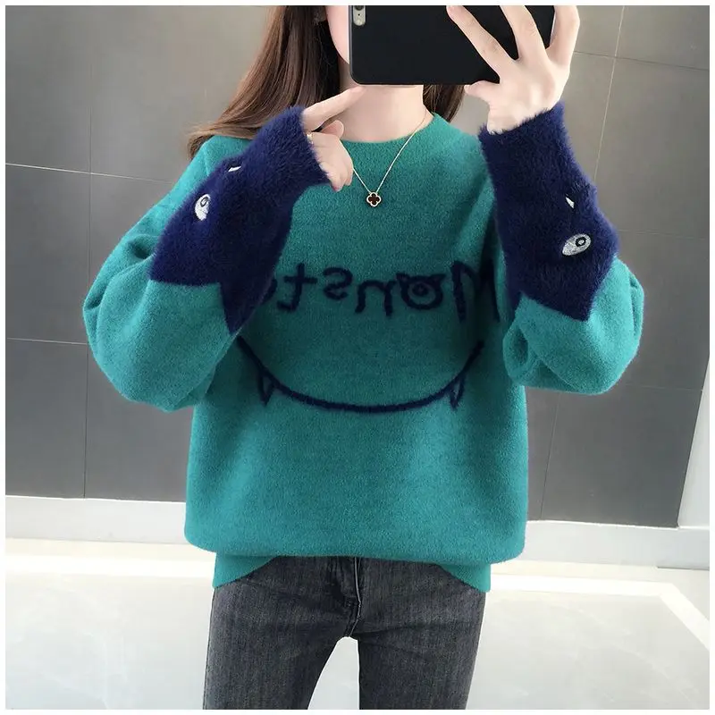 

Autumn Winter Mink Velvet Sweater Women Half-high Neck Thicken Keep Warm Knitted BottomingShirt Loose Long-sleeved Pullover Top