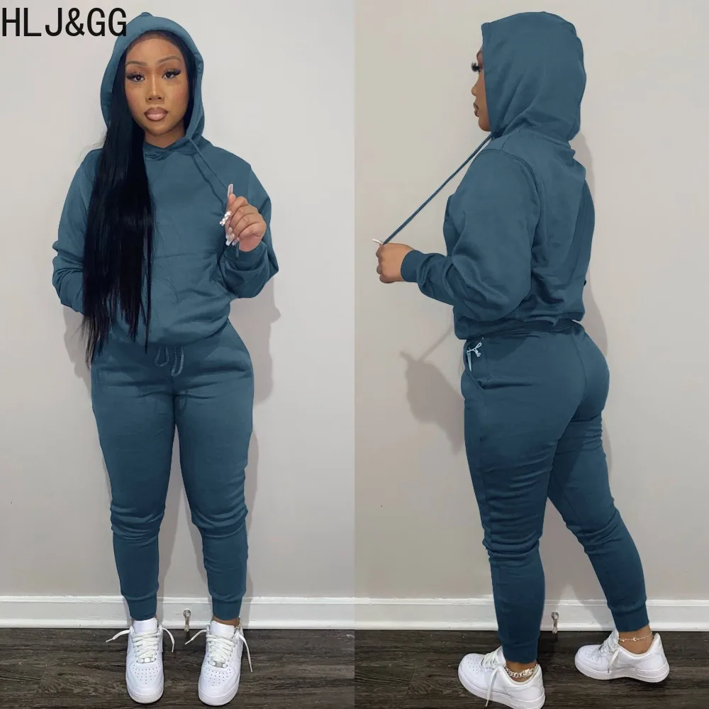 HLJ&GG Autumn Winter Solid Hooded Sporty Two Piece Sets Women Long Sleeve Sweatshirts And Jogger Pants Outfits Casual Tracksuits
