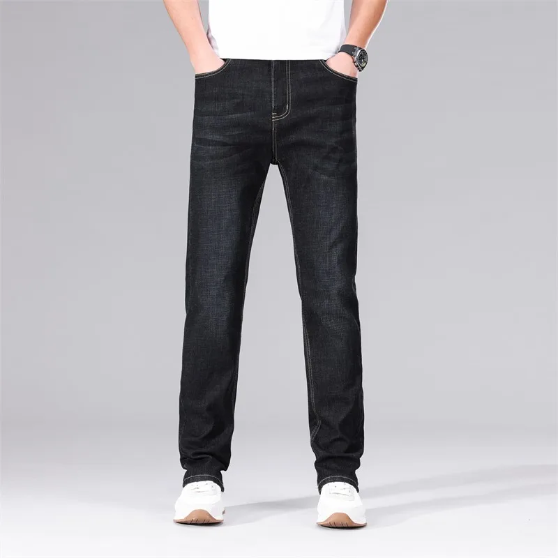Men's Stretch Denim Jeans Thin New Business Casual Straight Pants Black Blue Trousers Daily Male Trousers Dropship Plus Size 5