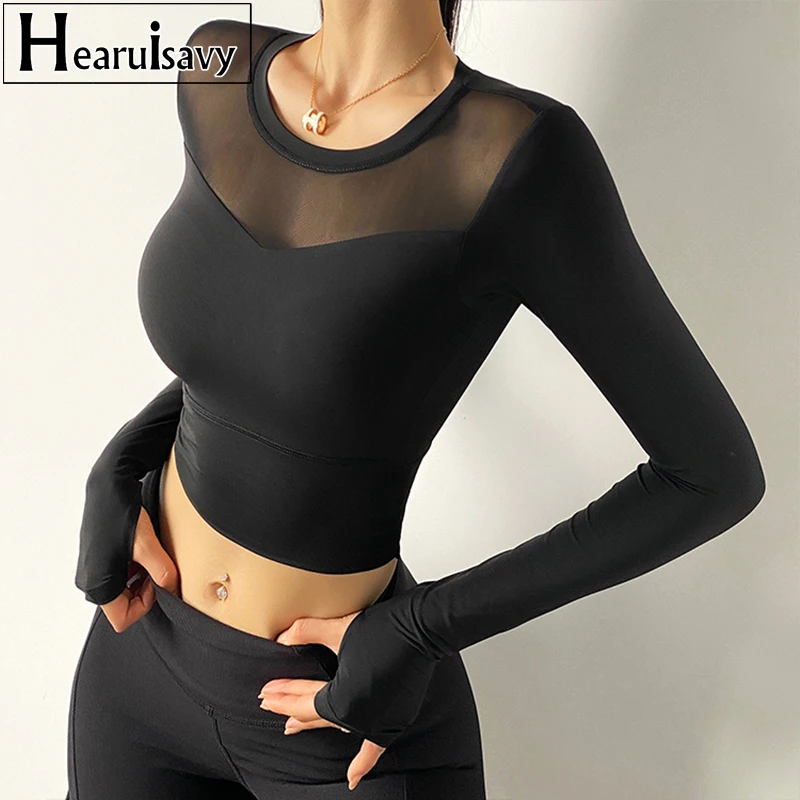 Sexy Net Yarn Patchwork Yoga Crop Tops Women Gym Fitness Running Long Sleeve Sport T Shirts Female Tight Dance Training Clothing
