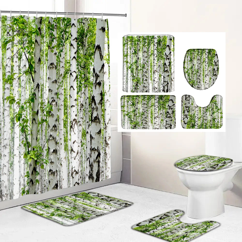 

180*180cm Natural landscape Forest Fabric Shower Curtains Bathroom Curtain Toilet Cover Non-Slip Bath Mat Rug Carpet Set Decor