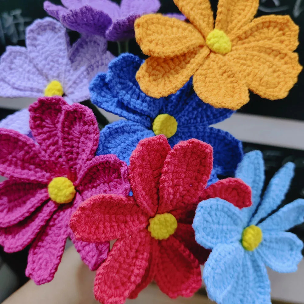 Finished Handmade Crochet Artificial Flowers For Living Room Decor Crochet Yellow Sunflowers Kintted Pink & white Lily Flowers
