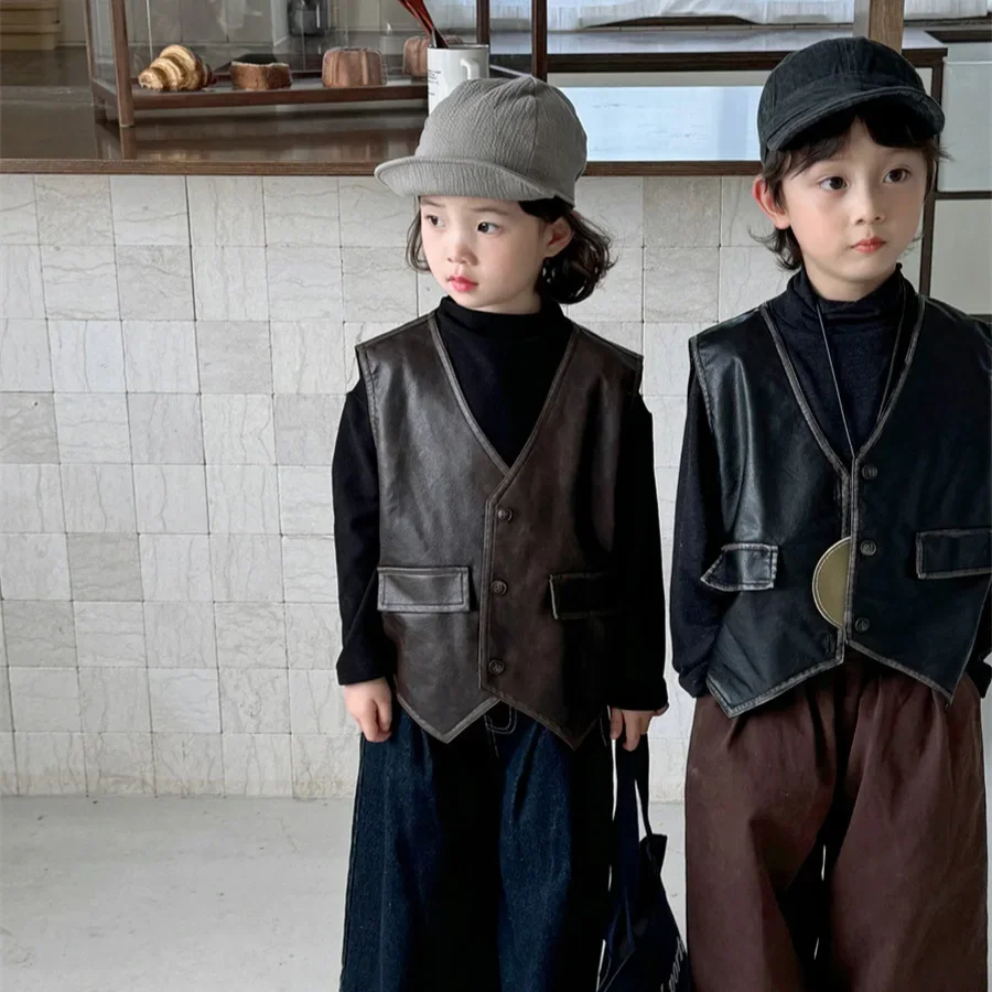 아동복 키즈 코트 2026 가을 신상 무지 가죽 조끼  남아 여아 패셔너블 가죽 코트 키즈 조끼