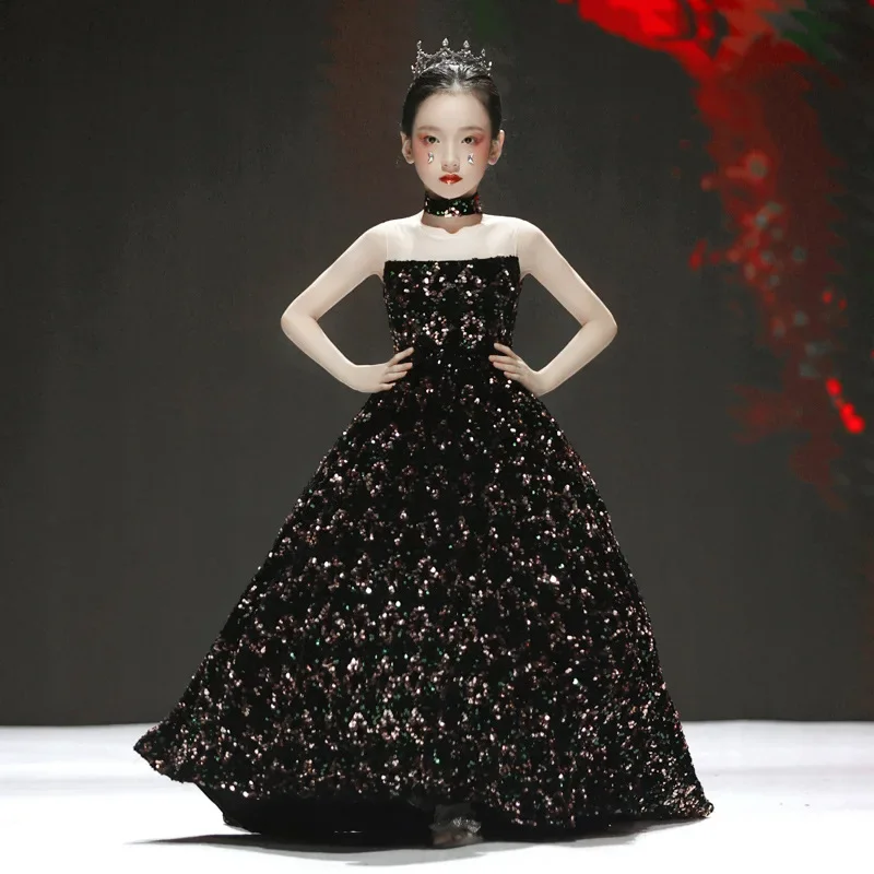 

Toddler Girls Sparkle Sequin Party Gown Little Kids Formal Occasions Piano Performance Dress Junior Girls Long Tail Evening