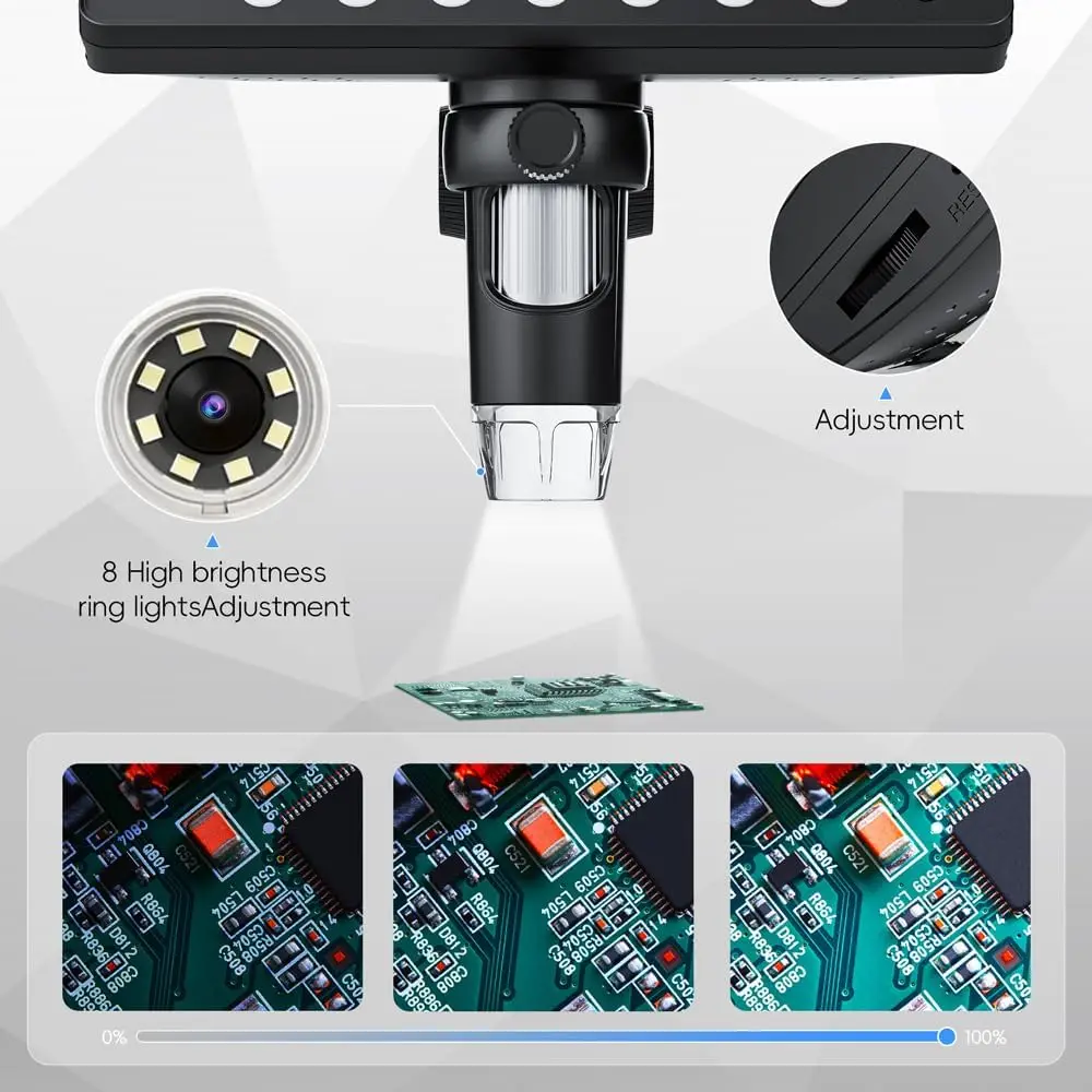 7 Inch IPS Digital Coin Microscope 5MP 50X-1200X Magnifier with Stand Soldering Video Microscope Electronics Repair 8 LEDS