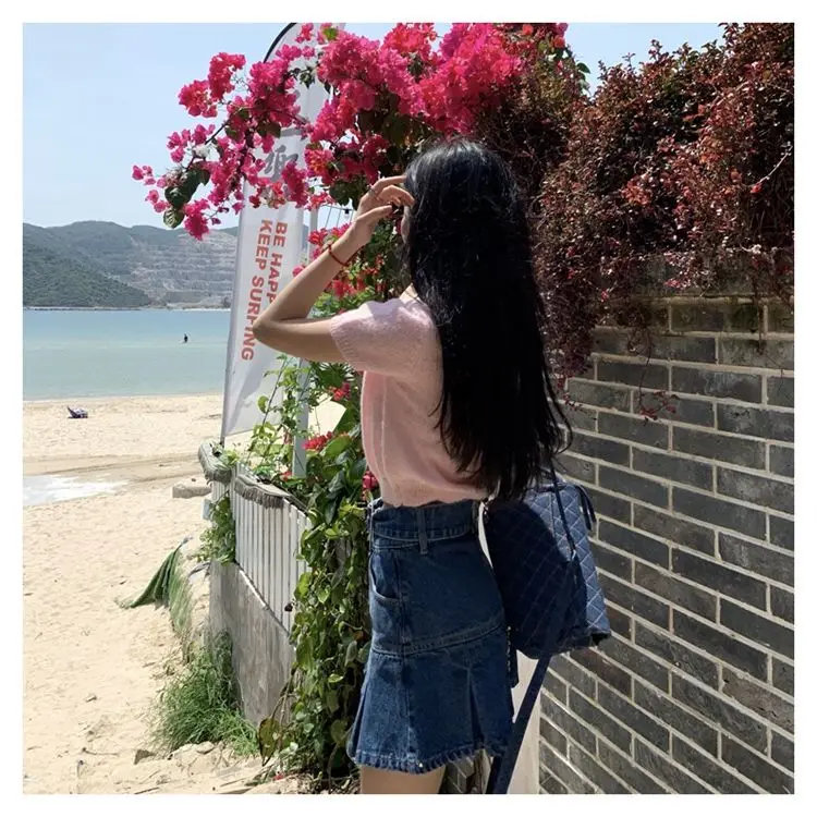 Blusa elegante y juvenil de estilo preppy, blusa de verano para mujer, camiseta de punto dulce, top corto, moda coreana