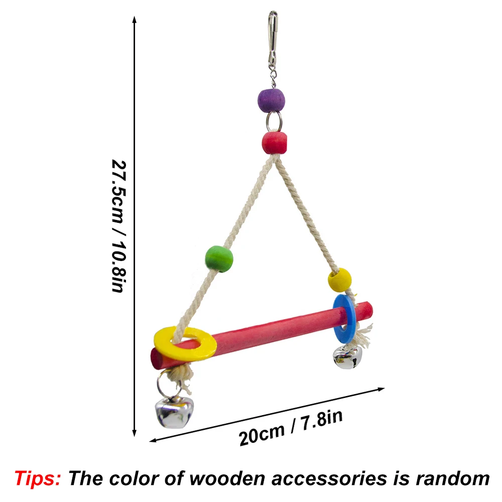 1pc Random Color Wood Parrot Swing Toy with Bell Triangular Perch Stand Hanging Chew Toy for Pet Bird Parrot Cage Decor Supplies