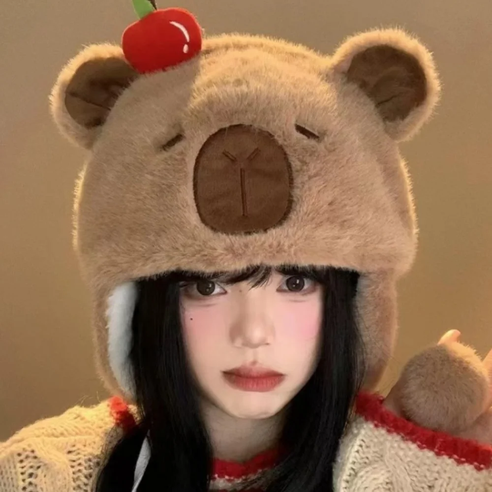 Cartoon Capybara Fluffy Warm Hat Women Winter Ear Protection Cap Pullover Hat Outdoor Sports Windproof Bear Cap Beanie Hat
