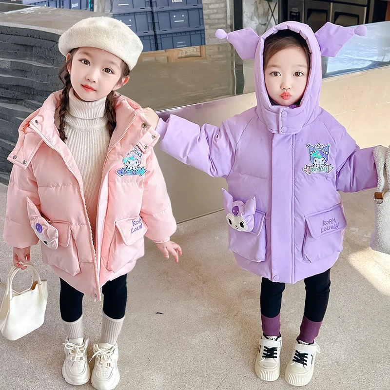 

Anime Kuromi Girls Down Jacket Winter Kawaii Sanrio New Mid-Length White Duck Down Hooded Coat Children's Thickened Warm Clothes