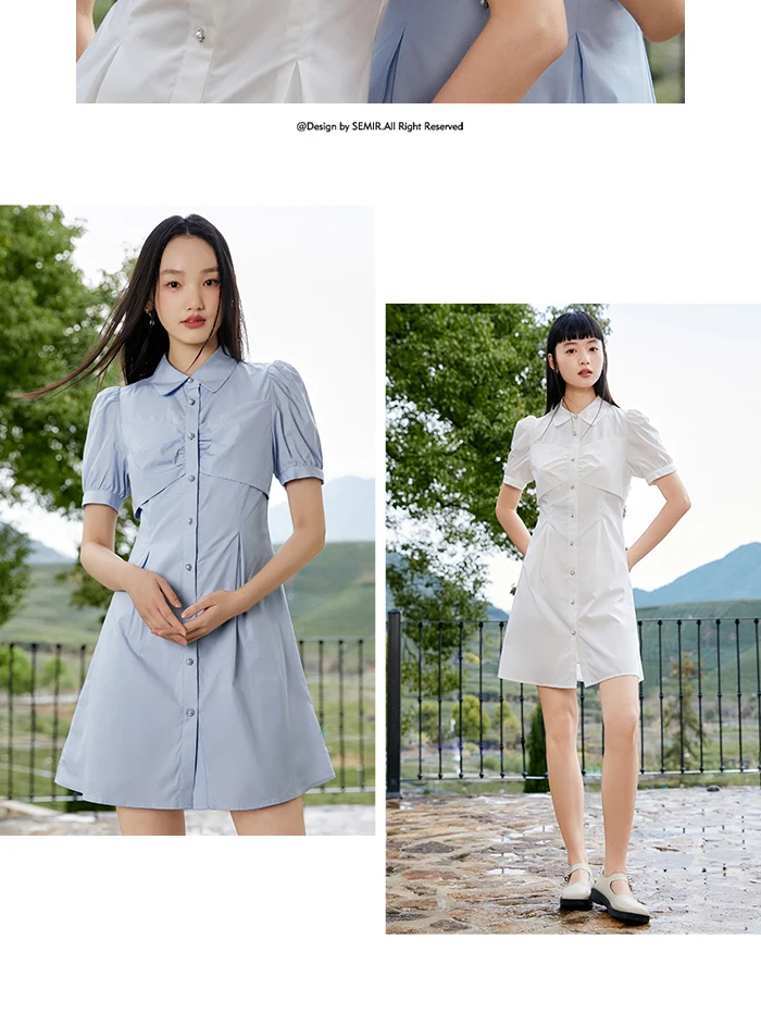 Dress Women Puff Sleeves Sweet Gentle Summer New Temperament Solid Color Exquisite Shirt Dress