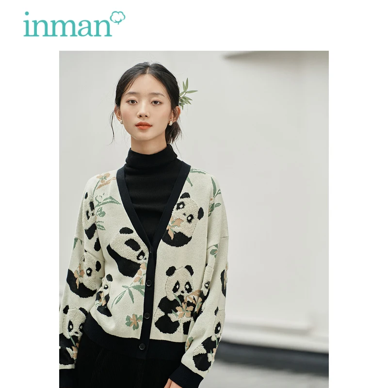 

INMAN Women Knit Cardigan 2023 Autumn Long Sleeve V Neck Loose Sweater Cute Panda Jacquard Chinese Style Retro Versatile Tops