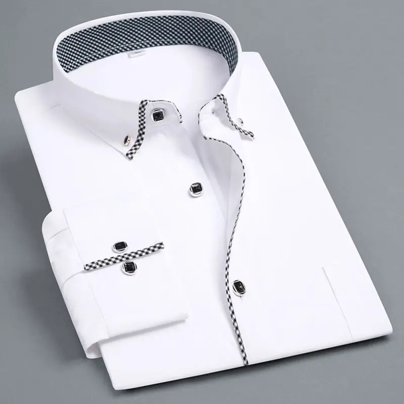 

Classic Men's Dress Shirts Long-Sleeved Spring and Autumn White Shirt Business Casual Slim Fit Contrast Color Anti-Wrinkle Shirt