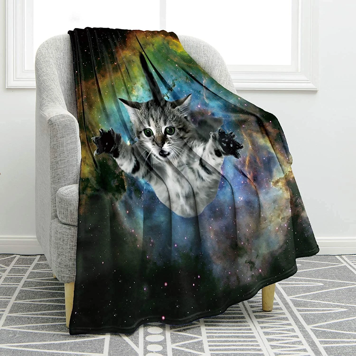 

Galaxy Space Cat Blanket Soft Warm Air Conditioning Flannel Throw Blanket for Bedroom Couch Sofa Travel Birthday Gifts Blanket