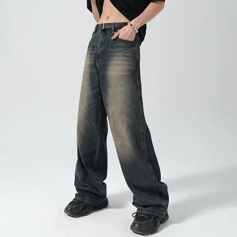 American Retro distressed jeans men\'s high street straight loose washed wide-leg denim trousers male streetwear