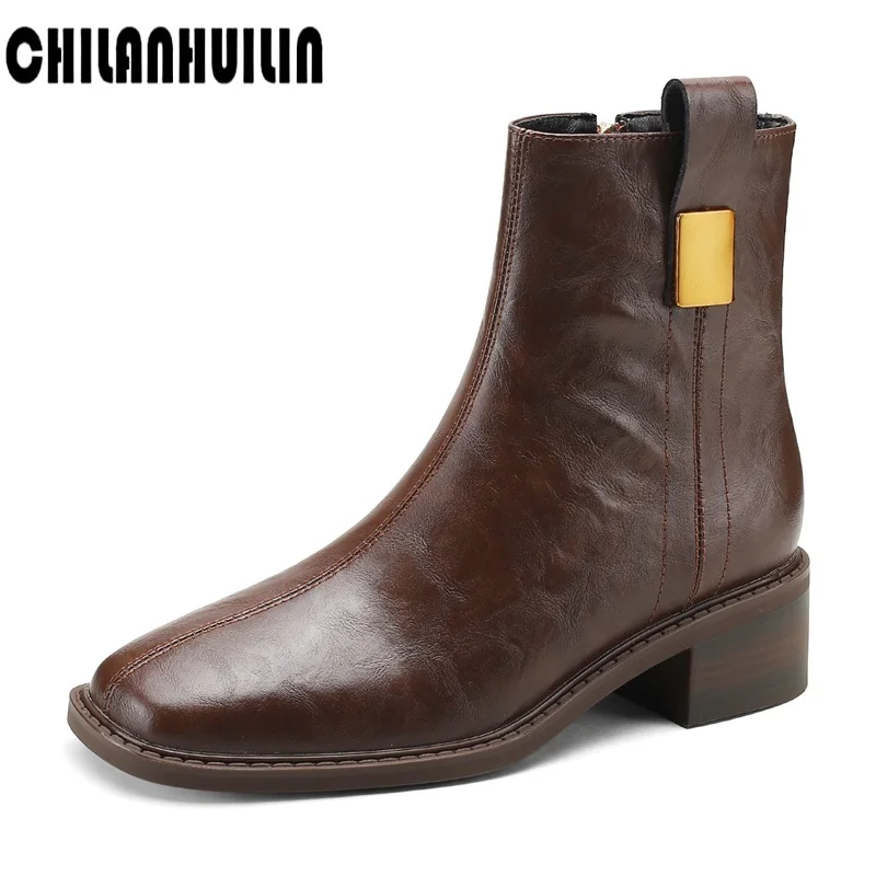 

autumn boots fashion metal decoration simple riding boots square toe full leather British style women boots quality botas mujer
