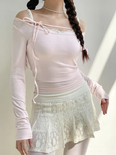 IAMHOTTY-귀여운 레이스 업 슬래시 넥 티셔츠, 핑크 카와이 긴 소매 탑스 봄 캐주얼 Y2K 미적 탑스 한국 귀여운 옷 2023 4