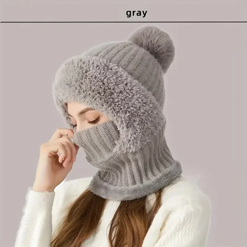 Winter Fleece Lined Knitted Hat with Ear Flaps, Windproof and Warm Hooded Neck Gaiter for Outdoor Cycling 2