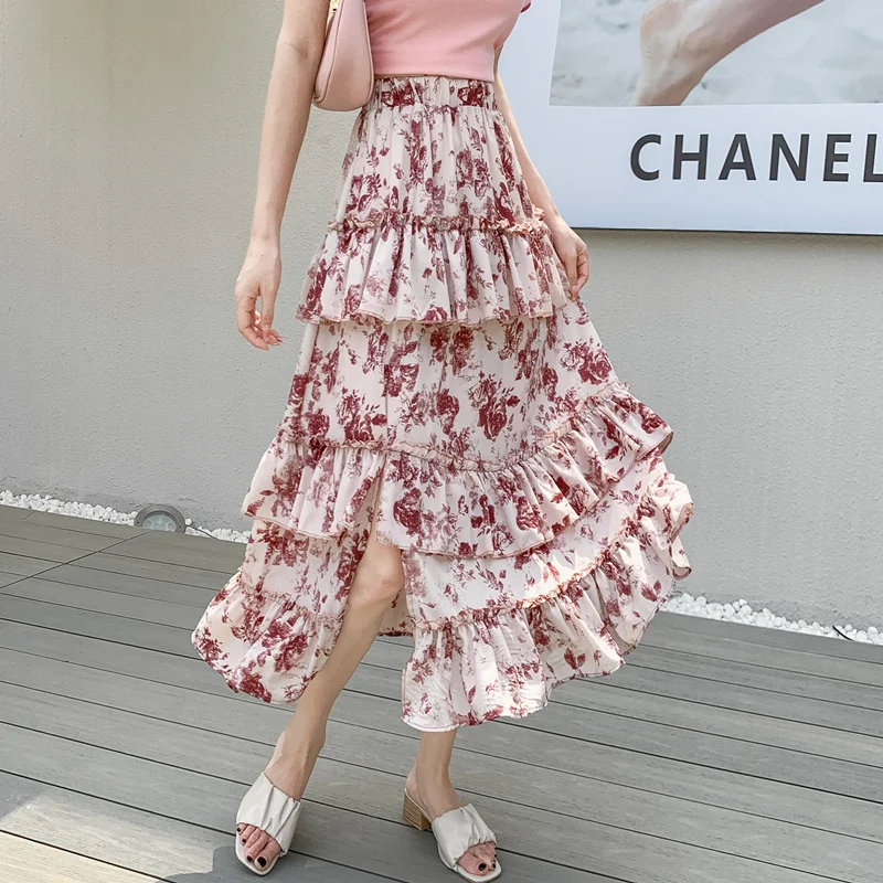 Women Spliced Floral Long Skirt Fashion Summer High Waist Slim Mid
