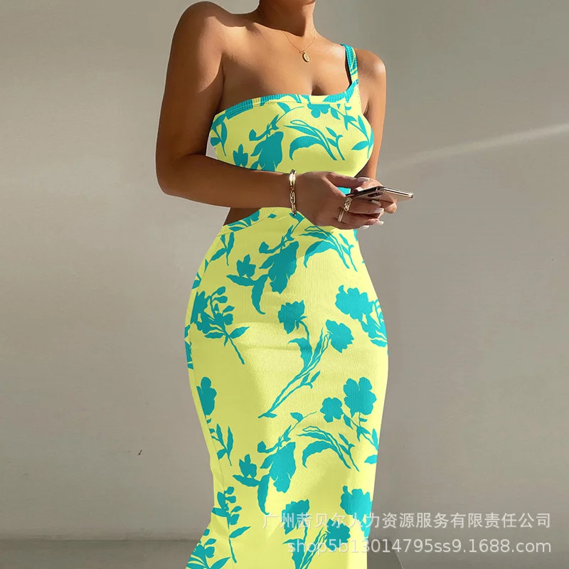 

Women Sheath Slim Summer Dress Spring Sleeveless Floral Print One Shoulder Cutout Ribbed Bodycon Dress Party Evening Y2k Vestido