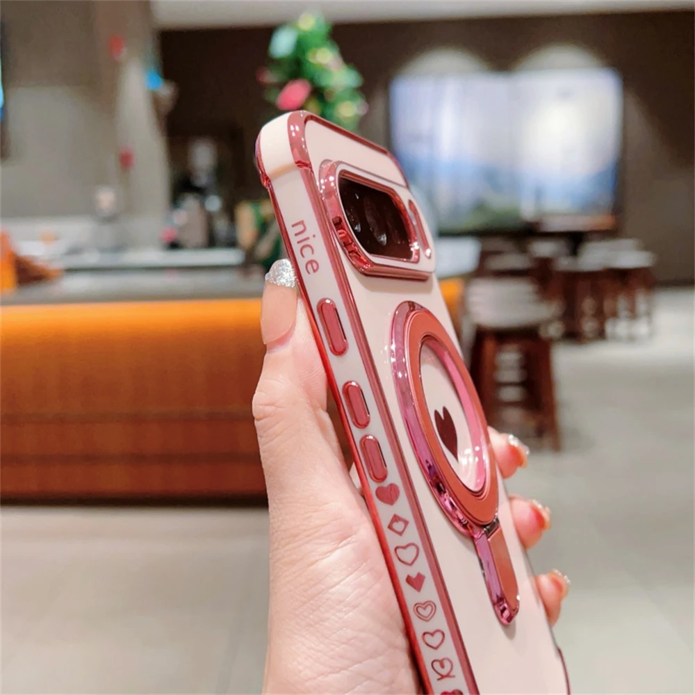 Magsafe Plating Love Heart Magnetic Phone Case with Stand Holder