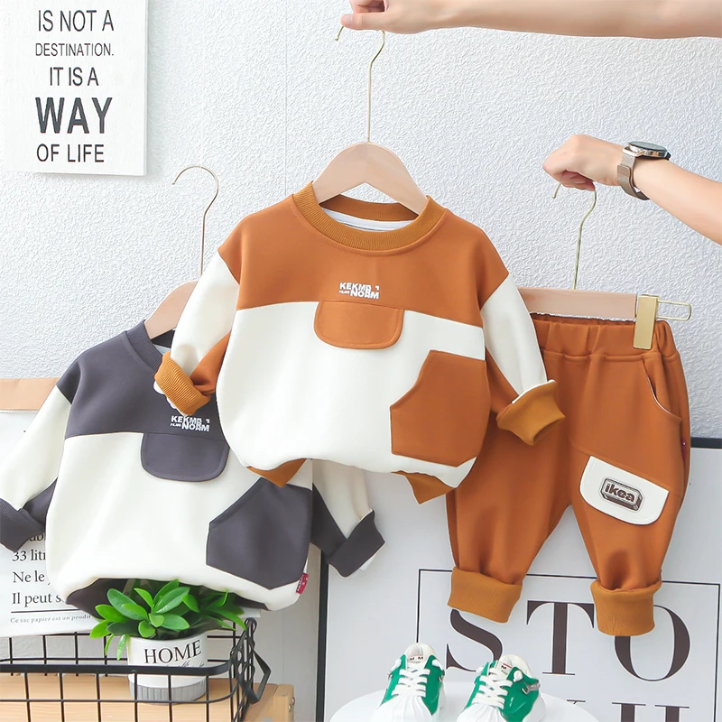 

Boys' Spring/Autumn Fashion Contrast Color Splice Sports Set Children's Letters Top+Pants 2PC Kids Cotton Tracksuit 9 M-6 Years