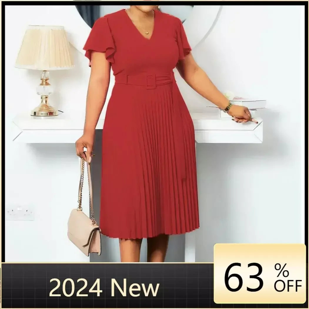 

African Style Women Casual Belted Pleated Dress Elegant Chic Office Lady A-Line High Waist Dress 2024 Autumn Winter Fashion