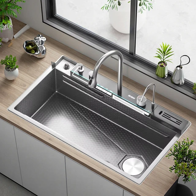 อ่างล้างจานสแตนเลสอเนกประสงค์ขนาดใหญ่แบบช่องเดียว พร้อมที่วางมีด จอแสดงผลดิจิตอล สำหรับล้างจานและล้างผัก 1