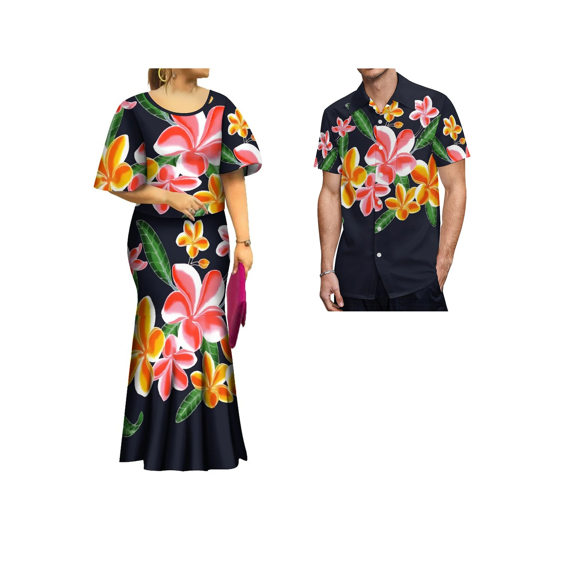 Samoan Polynesian Couple's Set - Women's Dress & Men's Shirt Custom Puletasi Long Skirt Outfit (White)