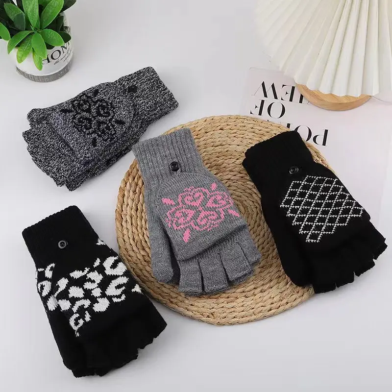 

Winter Warm Thicken Knitted Gloves Adult Playing Thermal Half Fingers Floral Mittens Casual Two Layers Touchscreen Fashion