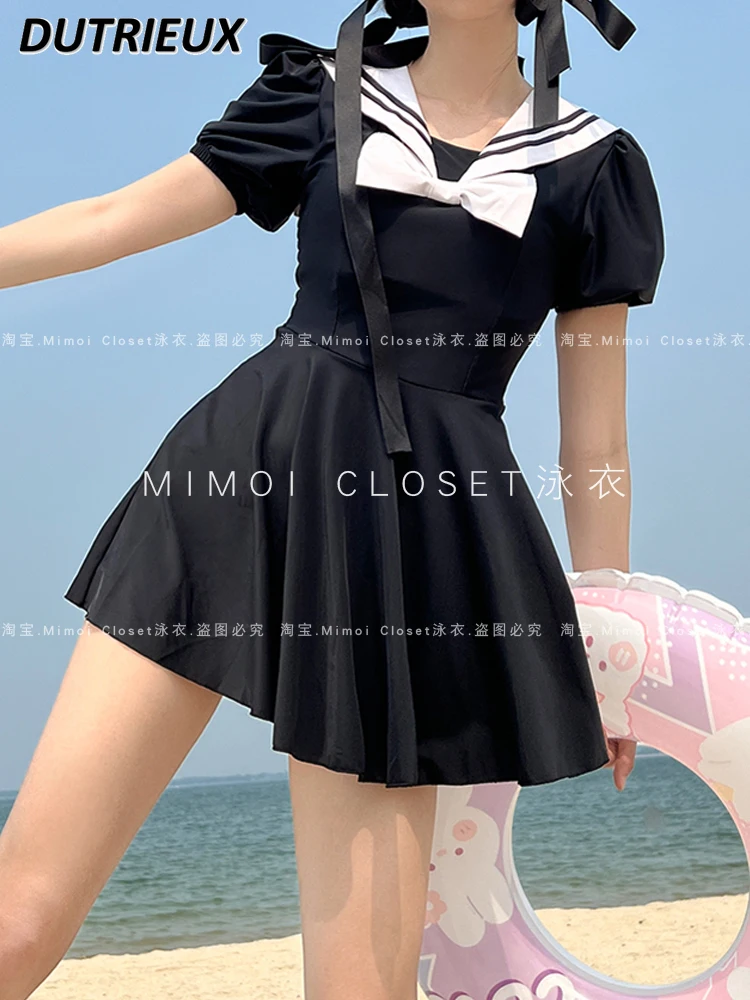 

Summer New Black Sailor Collar Dress Swimsuit Japanese Cute Covered Belly Swimwear One-Piece Hot Spring Bathing Suit Women