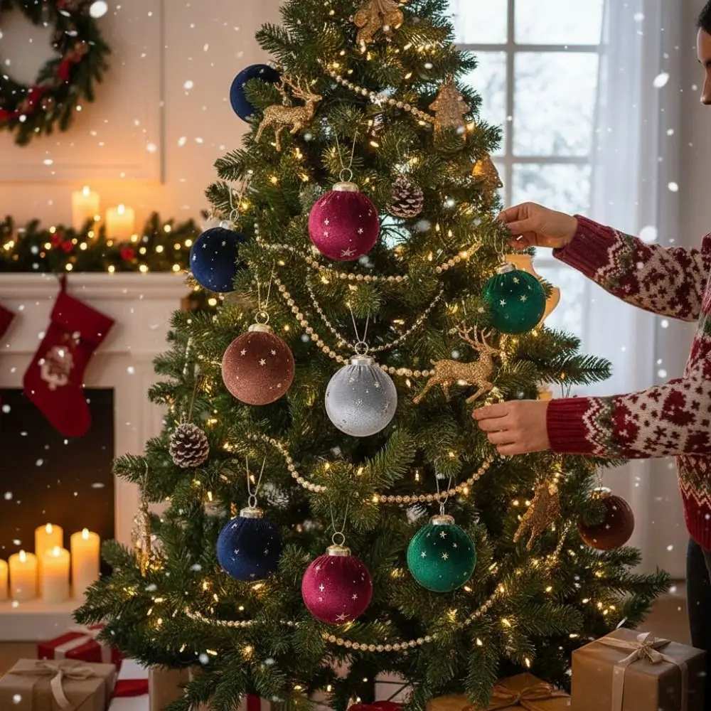 12Pcs/set Creative Velvet Christmas ball Ornaments 6cm Shatterproof Xmas Tree Hanging Pendants Elegant Shiny