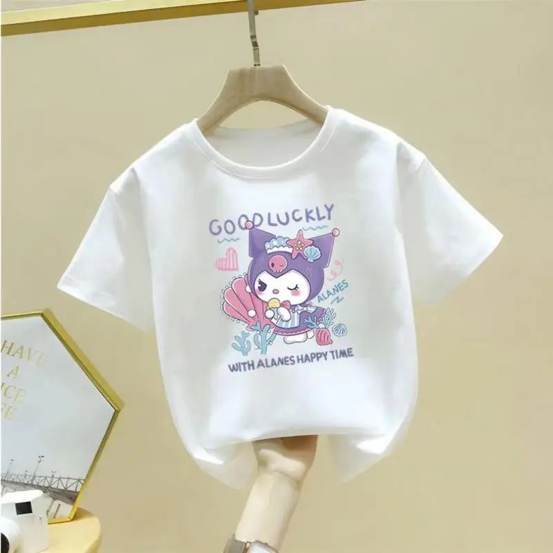 

Sanrioed Kuromi Children's Short-Sleeved T-Shirt Kawaii Cute Wind Cotton Girls Foreign Casual Tops Summer Half-Sleeved Clothing