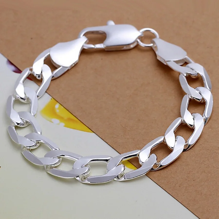 

Noble 925 Sterling silver solid bracelet 12MM chain women Men Silver color Jewelry fashion beautiful hot Figaro Chain