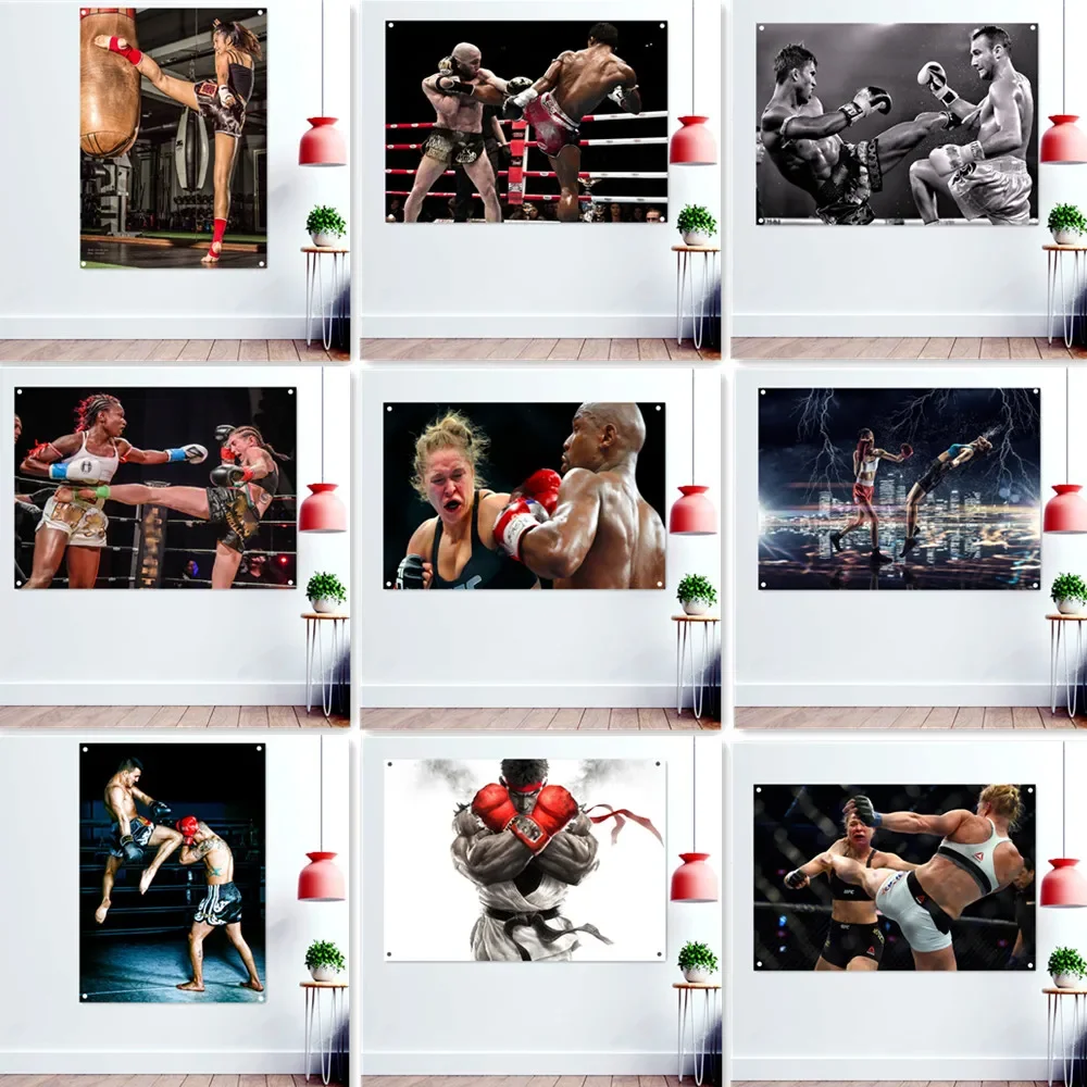 Boxing Match Scene Poster Wall Hanging Flag Pugilism Challenger Banner Muay Thai, Arti Marziali Workout Tapestry Gym Wall Decor