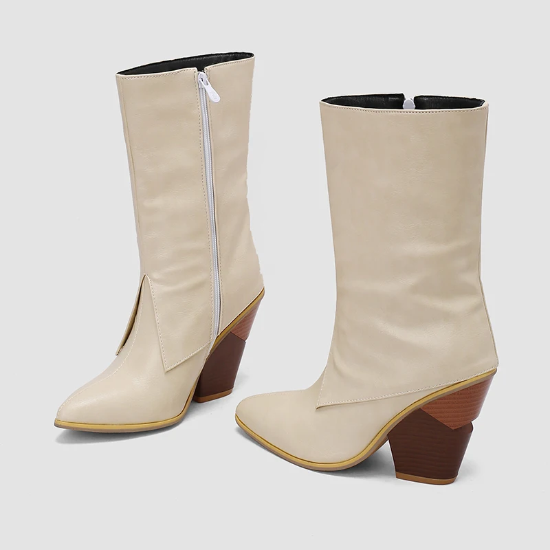 Kcenid Ladies Pointed Toe Solid Mid-Calf Boots Fashion Chunky High Heels women's Cowboy Boots Party Vintage Woman Shoes