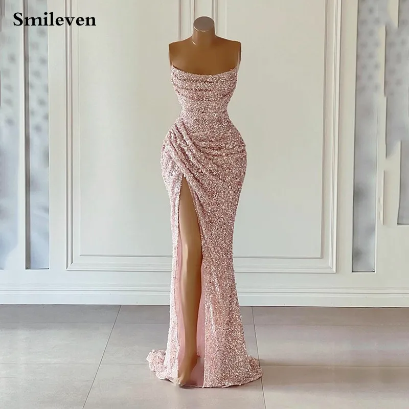 

Smileven Pink Mermaid Prom Dresses Pleats Evening Gowns Side Split Saudi Arabia Simple Wedding Party Dress 2023