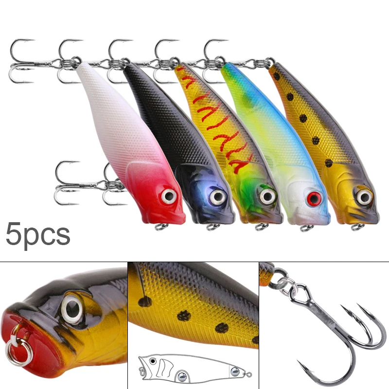 

5pcs 7cm 8.5g Simulation Popper Fishing Lures Kit Spindrift Floating Lure Pesca Jig Fishing Hook Set Built in Steel Ball