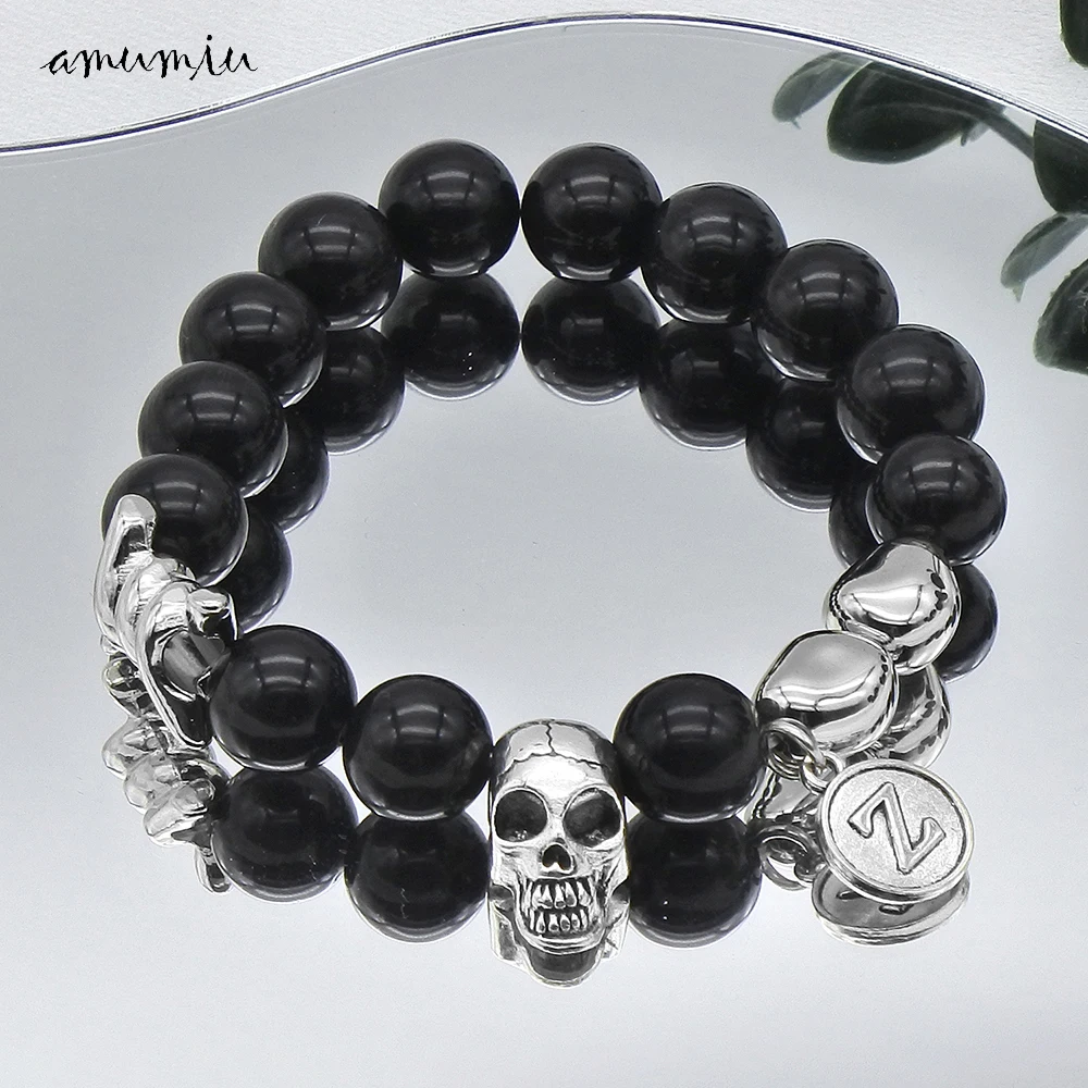 

AMUMIU Men's Biker Skull Skeleton Bead Bracelet 12mm Black Stone Men Customized Name Letter Medal For Christmas