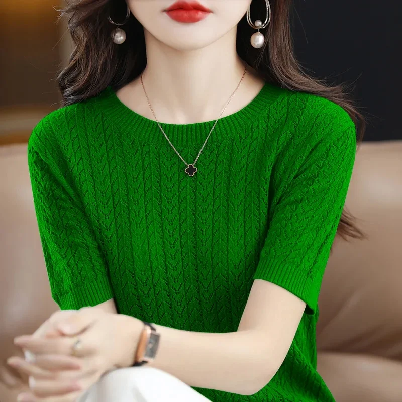 용수철 여름 여성용 반팔 스웨터, 한국 패션 니트웨어, 슬림핏 보터밍 셔츠, 캐주얼 O-넥 풀오버 니트 탑