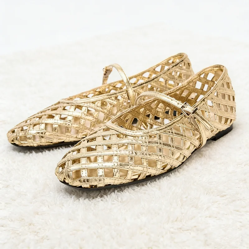 Gold Hollow Mesh Ballet Flats Women Light Breathable Mary Jane Shoes ...