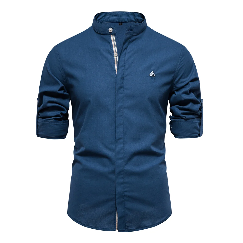 Camisas de hombre con cuello levantado de Color liso, camisas 100% de manga larga de algodón para hombre, nuevas camisas casuales de calidad para primavera para hombre