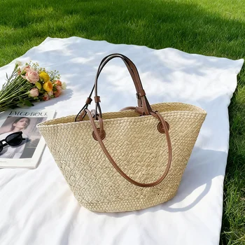 Borsa Intrecciata in Paglia, Perfetta per le Vacanze, Borsa Capiente da Spiaggia Estiva per Donne, Stile Francese Casual, Borsa a Spalla