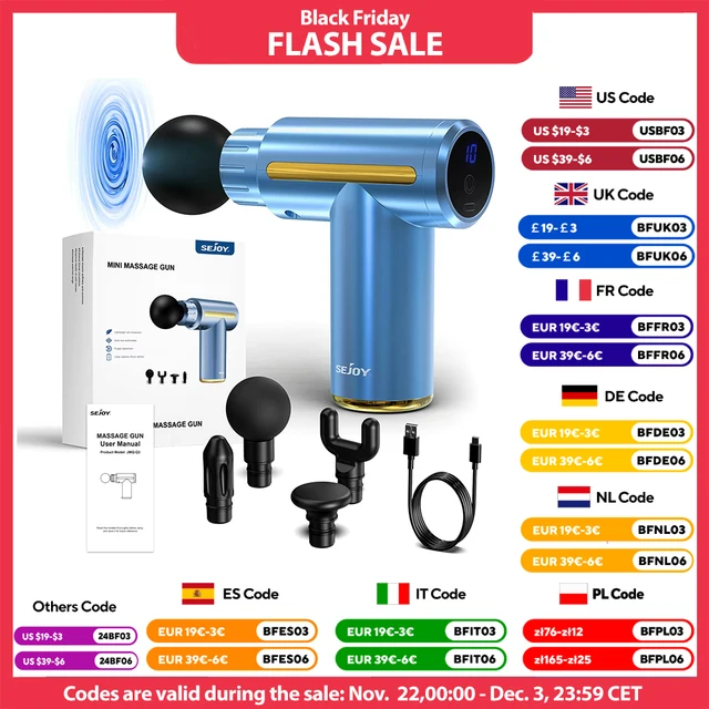 Sejoy Portable Fascia Gun Tissue Massager Mini Lightweight Body Massage with LED Touch Screen 4 Replaceable Massage Heads