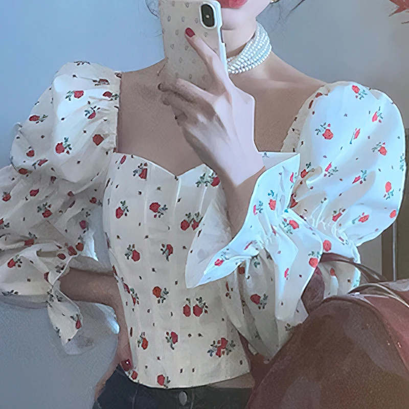 Blusa corta elegante con estampado floral de rosas para mujer, estilo coreano, de manga larga, con hombros descubiertos y mangas abullonadas, nueva
