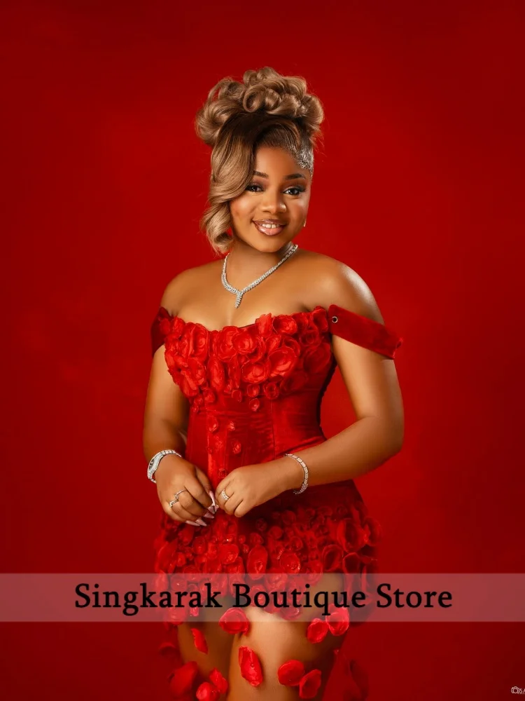 Pretty Petals Floral Short Prom Dresses 2026 Red Velvet Mini Wedding Party Dress Flowers Black Girls Birthday Dress Custom