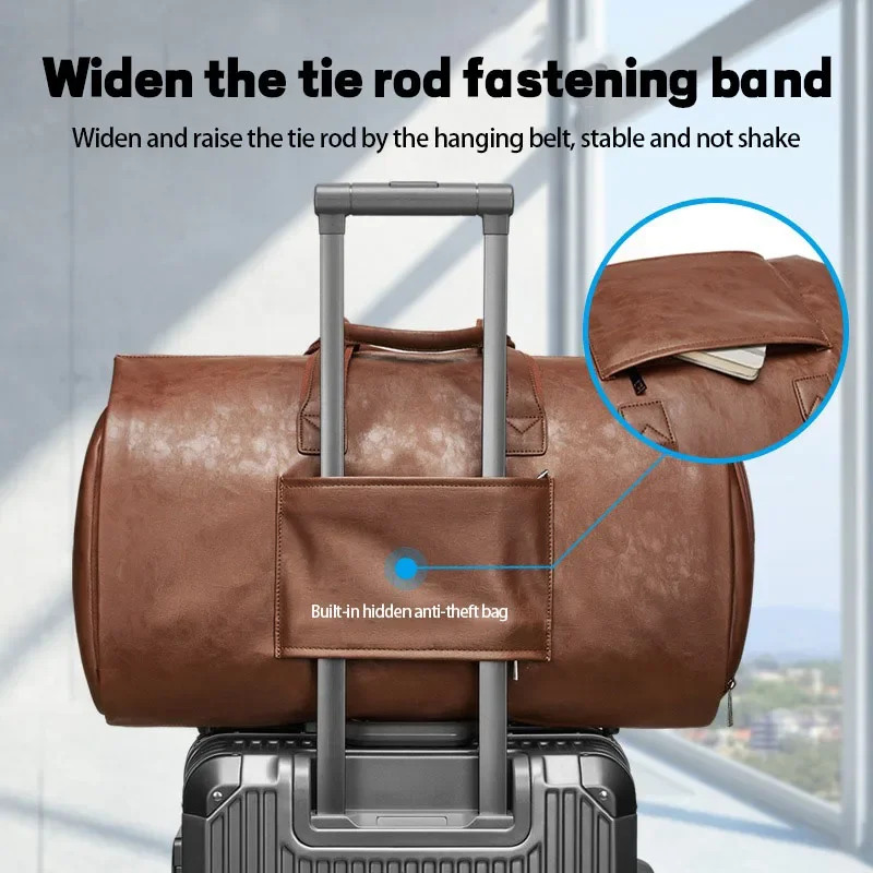 Leather Duffle Bag Adjustable Strap Shoulder Handbag Waterproof Extra Large Weekender Bag with Shoes Compartment for Hiking Trip